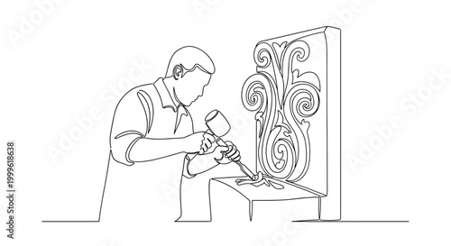 "Woodcraft Art". Minimalistic one-line drawing artisan carving wood with chisel and mallet creating decorative piece, continuous single black line on white