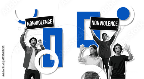 peaceful protest with people holding nonviolence signs as main subject, black and white realistic figures with expressive gestures, bold white and blue