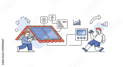 Smart solar system. A central roof tile unit connects to a simple control panel via clean lines, showing monitoring of energy output. Small data icons and