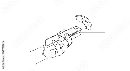 "Voice Interaction". Minimalistic one-line drawing hand holding smartphone with voice command signal lines, continuous single black line on white background,