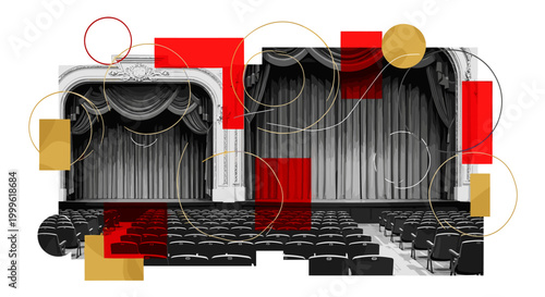 theater stage with velvet curtains and classic seating arrangement, black and white environment with rich depth, bold red and gold geometric blocks structuring