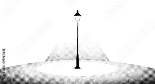 A single streetlamp casting a strong circular halo in the night, centered and minimal composition, black and white halftone illustration, visible dot pattern