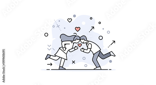 Romantic moment. A central pair leans toward each other with a soft background of abstract shapes and light accents. Tiny hearts and dots highlight emotional