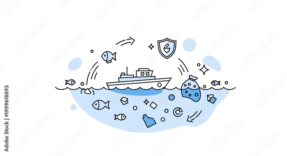 Obraz premium Marine conservation. A single boat gathers waste from the ocean surface, with arrows showing debris being removed. Tiny fish and sparkle icons highlight
