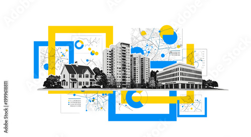 real estate scene with property models, maps, and analytical charts arranged, black and white objects with layered depth, bold yellow and blue geometric blocks
