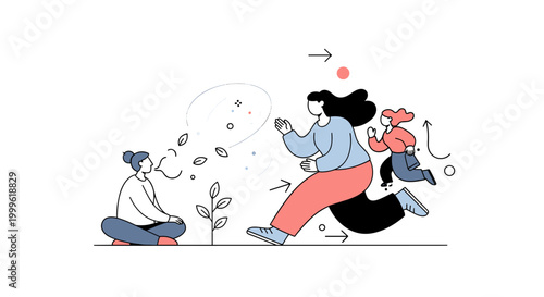 Mindful nature moment. A person sits cross-legged near a simple plant, breathing calmly as subtle circular lines radiate outward. Tiny leaf and dot elements