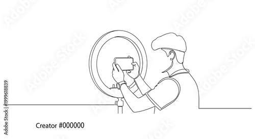 "Content Creation". Minimalistic one-line drawing influencer holding camera or tripod with subtle background props like laptop or coffee, continuous single