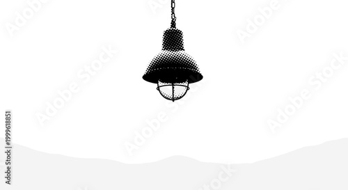A hanging industrial streetlamp with fog swallowing the lower half, off-center composition with negative space, monochrome halftone illustration, visible print