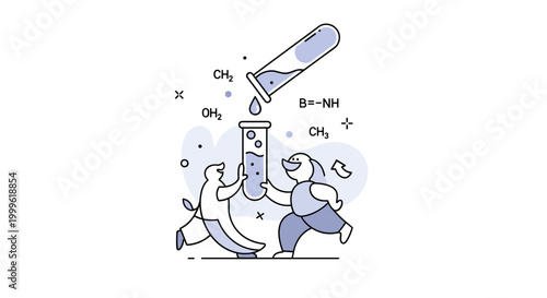 Chemical experiment. A single test tube releases soft vapor as a drop falls into it, creating a reaction. Tiny formula symbols and dots highlight scientific