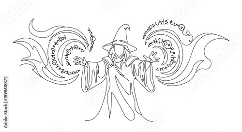 "Arcane Magic". Minimalistic one-line drawing sorcerer casting spell with swirling symbols and robes, continuous single black line on white background, simple