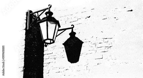 A single gothic lantern mounted on an alley wall casting sharp shadow, off-center composition with negative space, black and white halftone illustration, dot