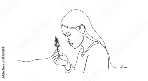 "Minimalist Wonder". Minimalistic one-line drawing person observing small natural element with focus and soft posture, continuous single black line on white