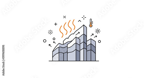 Heat accumulation. A single building cluster radiates warmth with layered wave lines rising upward, contrasted by minimal shaded areas. Tiny sun and arrow