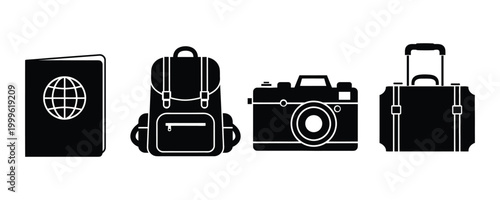 Travel Icon Set Silhouette – Passport, Backpack, Camera, Suitcase Vector Tourism Collection