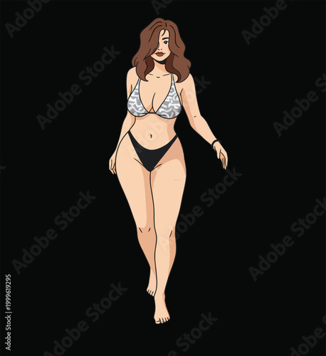 Plus Size Woman in Patterned Bikini Vector Illustration