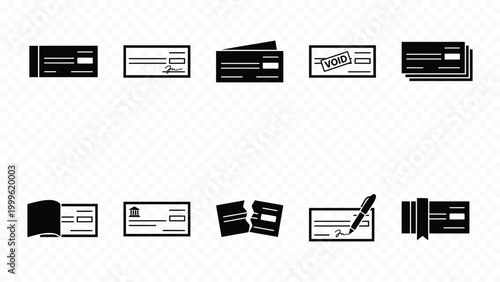 Bank checks and money order solid black icon set for financial transaction business payment checkbook and commerce finance elements