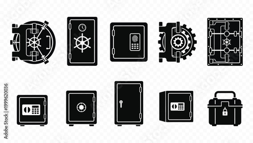 Security safe box and bank vault solid black icon set for money protection combination lock strongbox and financial wealth safety
