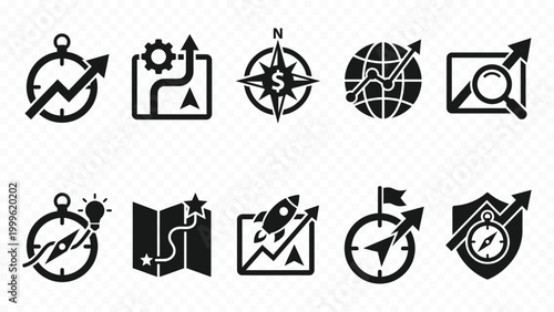 Location map pin and navigation solid black icon set for global targeting compass route direction and travel journey destination
