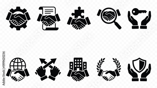 Business agreement handshake and corporate partnership solid black icon set for teamwork cooperation successful deal and mutual trust
