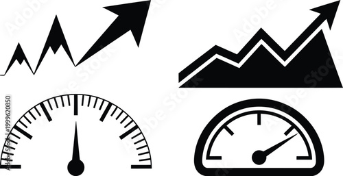 Vector illustration of graphs and speedometers indicating growth progress performance with speedometer progress performance increase measurement