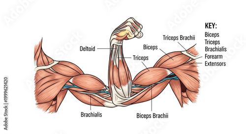 Anatomical illustration of human arm muscles flexed.