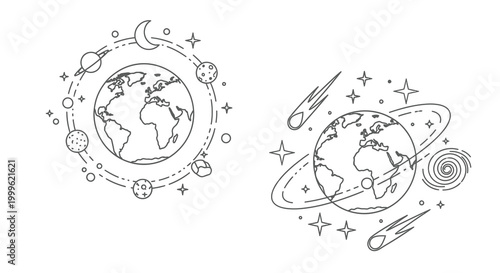 Planets and celestial objects line drawing black and white silhouette