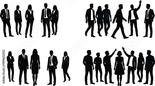 Business people silhouette set with corporate men and women standing walking and group discussion isolated on white background