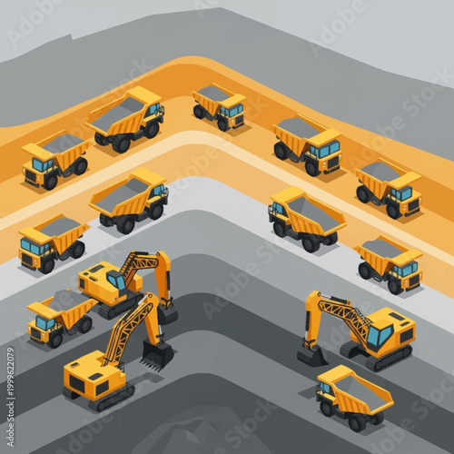 Construction vehicles and heavy machinery in a quarry setting.