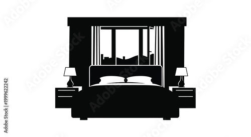 Bed with nightstands and lamps black silhouette