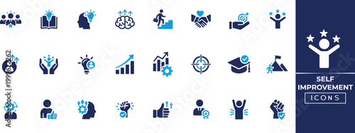 Self Improvement solid icon set for target, advancement contemplation, evolution, and meditation icons collection.