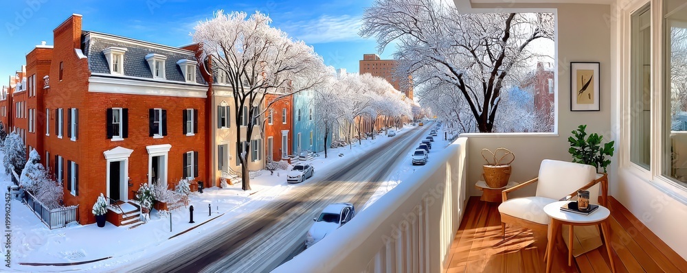 Fototapeta premium View from a balcony of snow-covered row houses and a tree-lined street in Washington D.C.