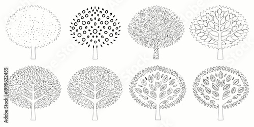 Tree canopy illustrations six variations black and white line art