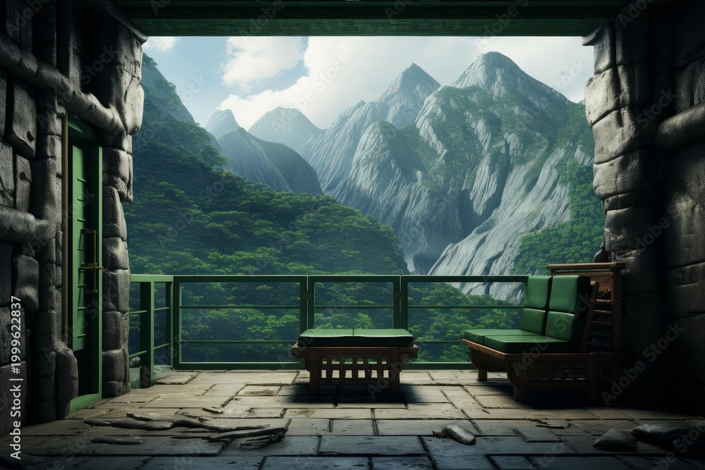 Obraz premium Stone balcony with green furniture overlooking vast mountains and lush forest