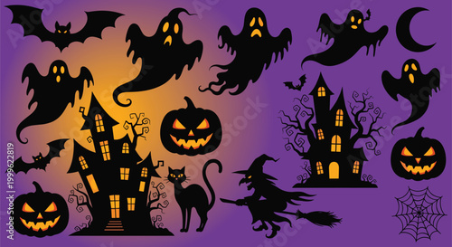 Halloween-themed vector illustration with bats and pumpkins