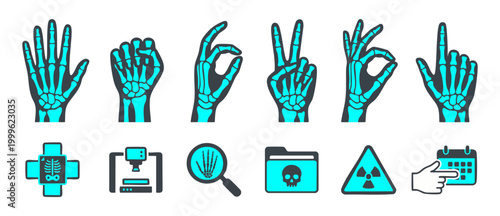 Human Hand Skeleton Gestures Icons Set for Medical Radiology Diagnostics and Orthopedic Healthcare Clinical Research Analysis with X-ray Symbol Elements for Professionals and Patient Education Infogra