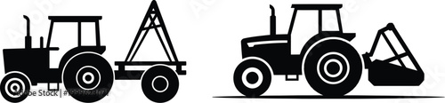 Silhouettes of two tractors one with trailer and one with loader farm equipment work vehicle agriculture transport industrial cultivation