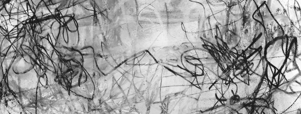 Obraz premium Black and white Hand drawn scrawl sketch line chaos doodle pattern. Pen, pencil, crayon texture ink art grunge abstract background.