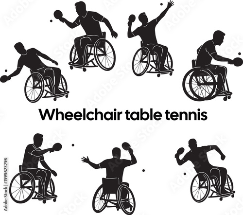 A black silhouette of a man in a wheelchair playing table tennis. The figure is captured mid-swing. The minimalist graphic style emphasizes coordination and skill