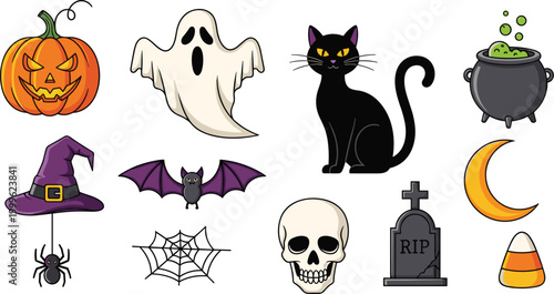 Halloween icons set with pumpkin, ghost, and cat