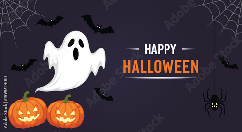 Happy Halloween ghost with jack o lanterns