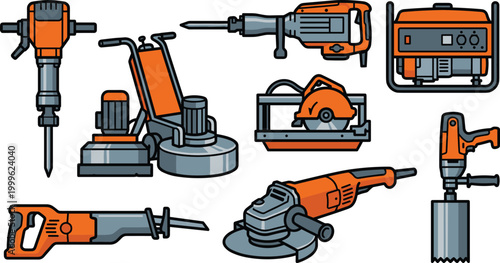Orange Industrial Power Tools Vector Illustration Set with Jackhammer, Grinder, Circular Saw, Generator and Heavy Duty Equipment for Construction, Engineering and Workshop Use