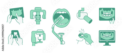 Dental Radiology Icon Set: Dental X-Ray Equipment, Panoramic Scan, and Oral Examination Procedure Symbols for Dentistry Practice, Oral Healthcare, Medical Diagnostic Analysis, and Professional Clinic