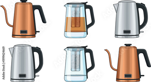 Electric Kettle and Glass Tea Infuser Set Vector Illustration with Modern Stainless Steel and Copper Appliances for Kitchen, Beverage Preparation, and Home Appliance Design