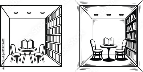 Reading room interior with bookshelves and table vector illustration black and white study area interior design bookshelves interior furniture