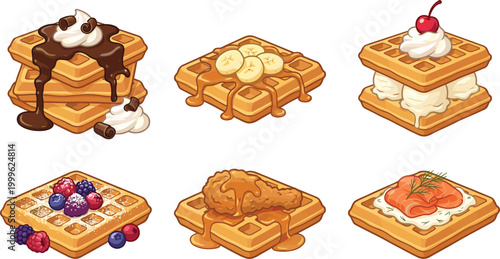Set of Waffles with Sweet and Savory Toppings Including Chocolate, Banana, Berries, Chicken, and Salmon for Breakfast Menu and Food Illustration
