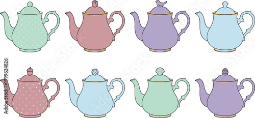 Set of Vintage Teapots in Pastel Colors with Elegant Shapes and Patterns for Kitchen Decor, Tea Party Illustrations, and Retro Design Projects