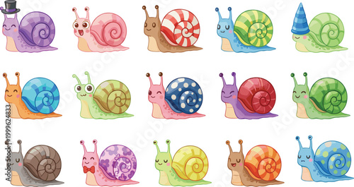 Tableau sur toile Vector illustration of cartoon snails in colorful designs with unique shell patt