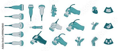 Ultrasound Probe Icons Set Medical Diagnostic Equipment for Radiology Procedures and Clinical Imaging Technology Illustration Vector Collection Showing Sonography Hand Grips and Anatomy Organs Scannin