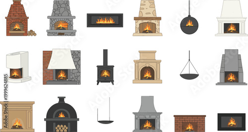 Vector illustration of fireplaces in diverse architectural and interior design styles including brick, stone and modern decorative design