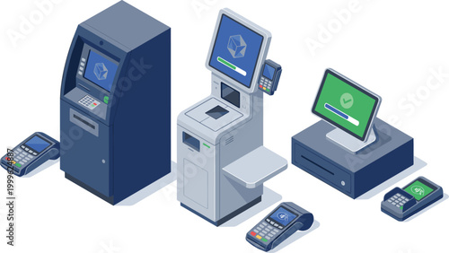 Isometric Set of Cryptocurrency ATM Machines and Digital Payment Terminals with Card Readers for Blockchain Transactions, Fintech Services, and Modern Banking Systems